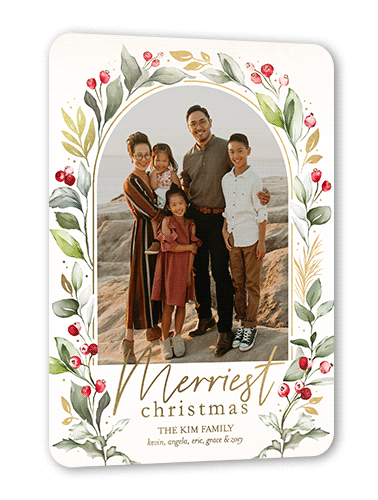 Glistening Greenery Holiday Card, Beige, Gold Foil, 5x7, Christmas, Matte, Personalized Foil Cardstock, Rounded, White