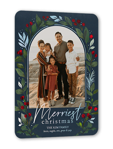 Glistening Greenery Holiday Card, Iridescent Foil, Black, 5x7, Christmas, Matte, Personalized Foil Cardstock, Rounded