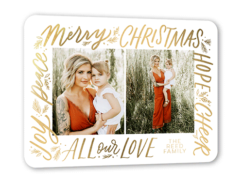 Framed Sentiments Holiday Card, White, Gold Foil, 5x7, Christmas, Matte, Personalized Foil Cardstock, Rounded, White