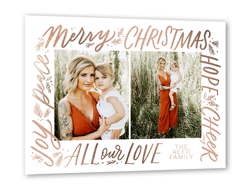 Framed Sentiments Holiday Card, Rose Gold Foil, White, 5x7, Christmas, Matte, Personalized Foil Cardstock, Square