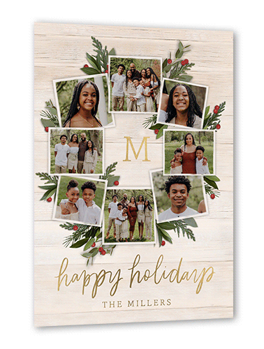 Photo Wreath Holiday Card, Gold Foil, Beige, 5x7, Holiday, Matte, Personalized Foil Cardstock, Square, Antique White