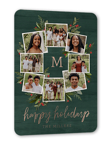 Photo Wreath Holiday Card, Rose Gold Foil, Green, 5x7, Holiday, Matte, Personalized Foil Cardstock, Rounded, Forest