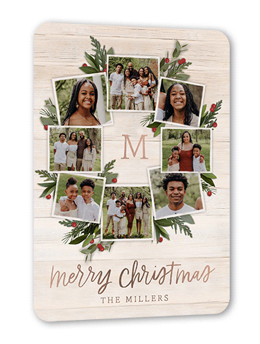 Photo Wreath Holiday Card, Rose Gold Foil, Beige, 5x7, Christmas, Matte, Personalized Foil Cardstock, Rounded, Antique White