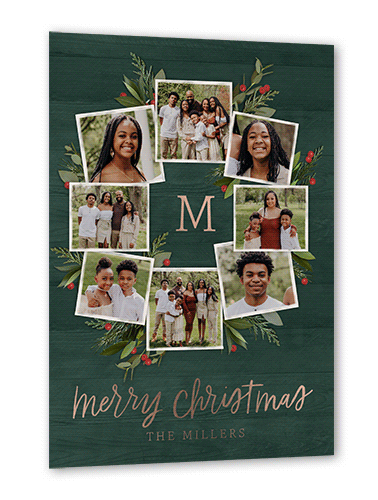 Photo Wreath Holiday Card, Green, Rose Gold Foil, 5x7, Christmas, Matte, Personalized Foil Cardstock, Square
