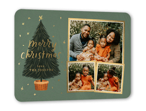 Polished Tree Holiday Card, Green, Gold Foil, 5x7, Christmas, Matte, Personalized Foil Cardstock, Rounded, Mantis