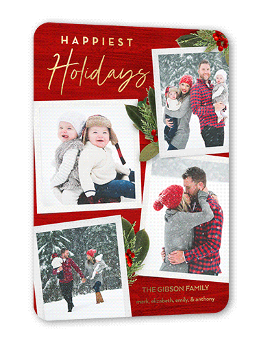Rustic Sprigs Holiday Card, Red, Gold Foil, 5x7, Holiday, Matte, Personalized Foil Cardstock, Rounded, White