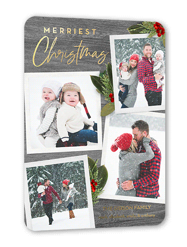 Rustic Sprigs Holiday Card, Grey, Gold Foil, 5x7, Christmas, Matte, Personalized Foil Cardstock, Rounded, White