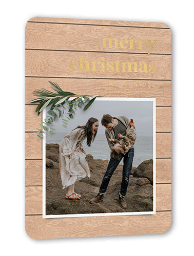 Hint of Rosemary Holiday Card, Brown, Gold Foil, 5x7, Christmas, Matte, Personalized Foil Cardstock, Rounded, White