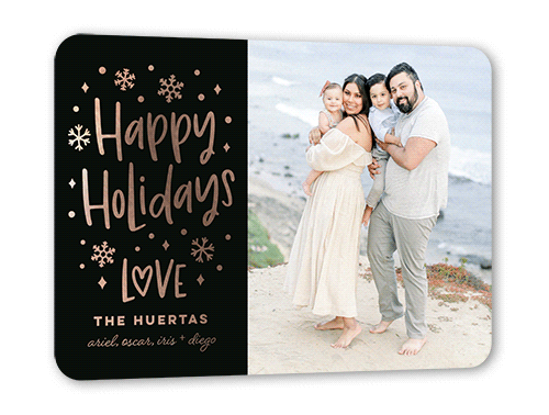 Snowy Affection Holiday Card, Rose Gold Foil, Black, 5x7, Holiday, Matte, Personalized Foil Cardstock, Rounded