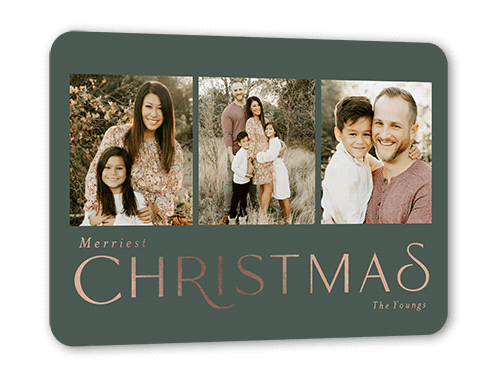 Simple Flair Holiday Card, Rose Gold Foil, Green, 5x7, Christmas, Matte, Personalized Foil Cardstock, Rounded