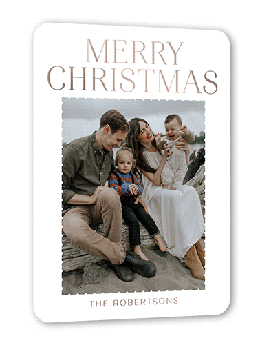 Classic Foil Letters Holiday Card, White, Rose Gold Foil, 5x7, Christmas, Matte, Personalized Foil Cardstock, Rounded