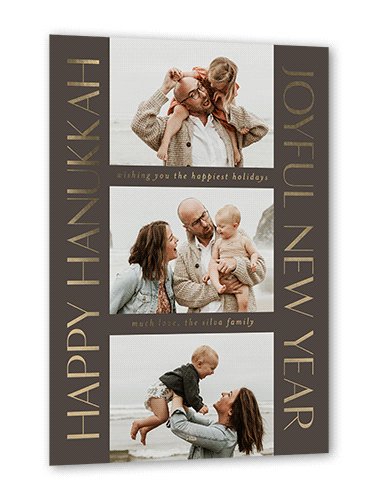 Traditional Type Holiday Card, Gold Foil, Grey, 5x7, Hanukkah, Matte, Personalized Foil Cardstock, Square