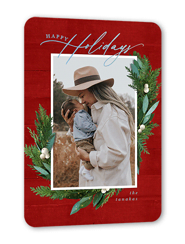 Fancy Holly Frame Holiday Card, Red, Iridescent Foil, 5x7, Holiday, Matte, Personalized Foil Cardstock, Rounded