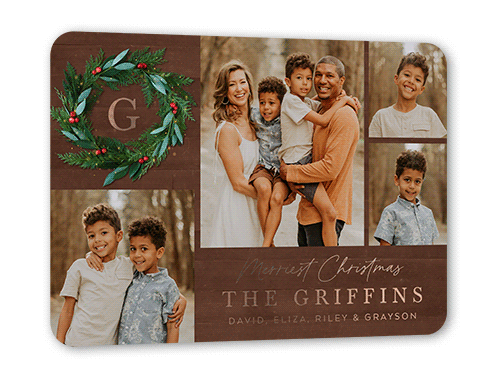 Rustic Holly Wreath Holiday Card, Rose Gold Foil, Brown, 5x7, Christmas, Matte, Personalized Foil Cardstock, Rounded