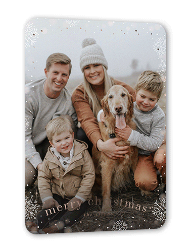 Snowfall Surroundings Holiday Card, White, Rose Gold Foil, 5x7, Christmas, Matte, Personalized Foil Cardstock, Rounded