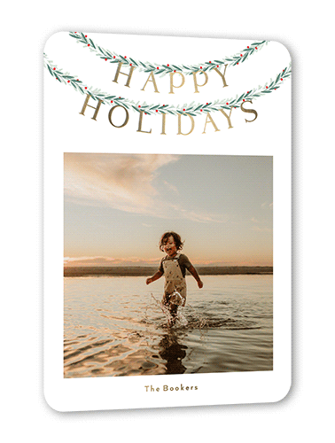 Garland Glint Holiday Card, White, Gold Foil, 5x7, Holiday, Matte, Personalized Foil Cardstock, Rounded, White