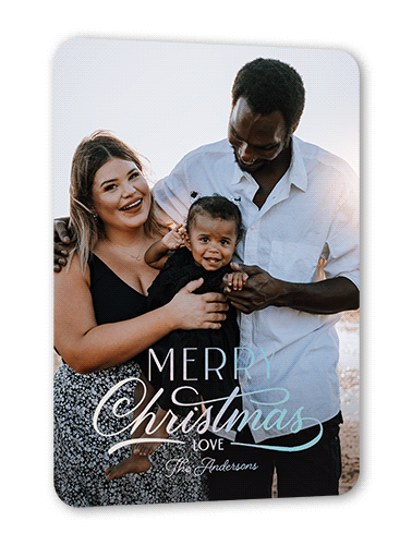 Fun Merry Script Holiday Card, Iridescent Foil, White, 5x7, Christmas, Matte, Personalized Foil Cardstock, Rounded, White