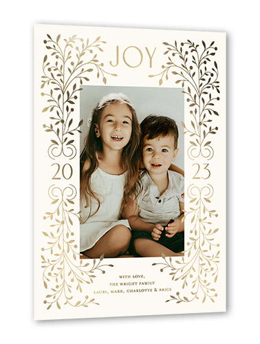 Foil Botanical Joy Holiday Card, Beige, Gold Foil, 5x7, Holiday, Matte, Personalized Foil Cardstock, Square