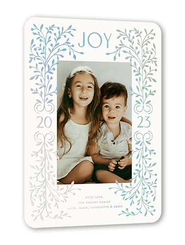 Foil Botanical Joy Holiday Card, Beige, Iridescent Foil, 5x7, Holiday, Matte, Personalized Foil Cardstock, Rounded, White