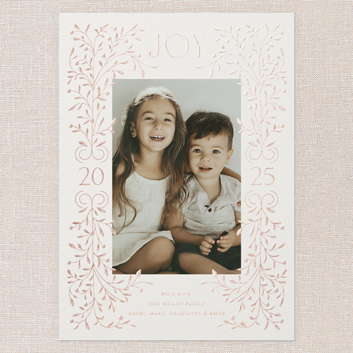 Foil Botanical Joy Holiday Card, Beige, Rose Gold Foil, 5x7, Holiday, Matte, Personalized Foil Cardstock, Square, Antique White