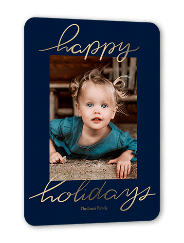 Foil Greetings Holiday Card, Blue, Gold Foil, 5x7, Holiday, Matte, Personalized Foil Cardstock, Rounded, Navy