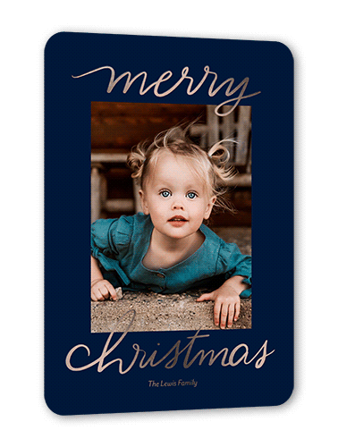 Foil Greetings Holiday Card, Rose Gold Foil, Blue, 5x7, Christmas, Matte, Personalized Foil Cardstock, Rounded, Navy