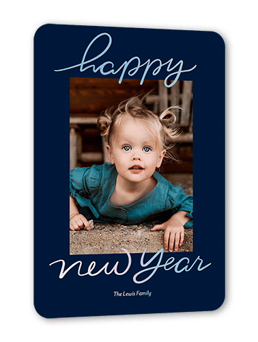 Foil Greetings Holiday Card, Blue, Iridescent Foil, 5x7, New Year, Matte, Personalized Foil Cardstock, Rounded, Navy
