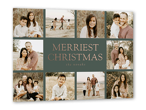 Editable Merriest Sentiment Holiday Card, Rose Gold Foil, Green, 5x7, Christmas, Matte, Personalized Foil Cardstock, Square, White
