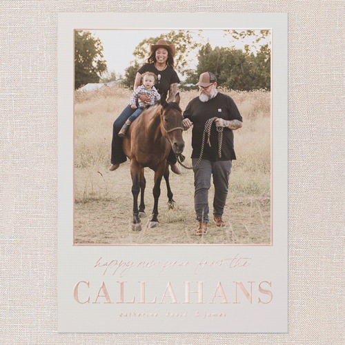 Foil Footer Greetings Holiday Card, Rose Gold Foil, Grey, 5x7, New Year, Matte, Personalized Foil Cardstock, Square