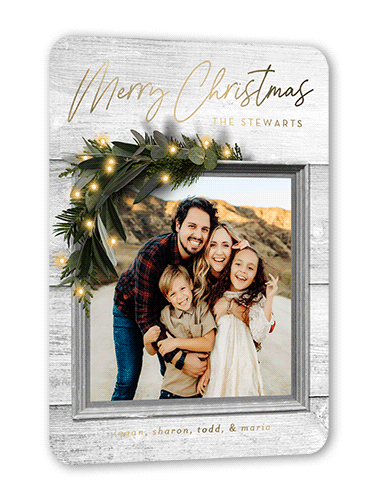 Rustic Foil Wreath Holiday Card, Gold Foil, White, 5x7, Christmas, Matte, Personalized Foil Cardstock, Rounded