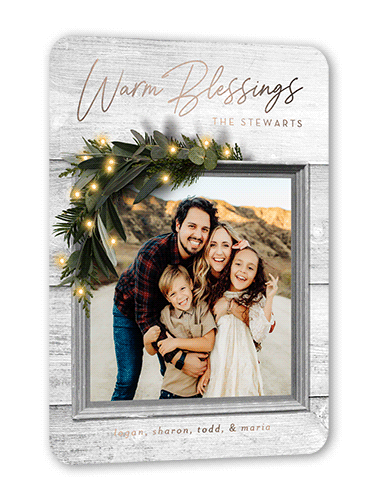 Rustic Foil Wreath Holiday Card, White, Rose Gold Foil, 5x7, Religious, Matte, Personalized Foil Cardstock, Rounded