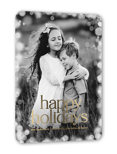 Confetti Bokeh Holiday Card, White, Gold Foil, 5x7, Holiday, Matte, Personalized Foil Cardstock, Rounded
