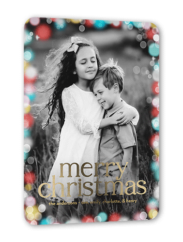 Confetti Bokeh Holiday Card, Red, Gold Foil, 5x7, Christmas, Matte, Personalized Foil Cardstock, Rounded, Bright Coral