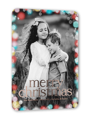 Confetti Bokeh Holiday Card, Red, Rose Gold Foil, 5x7, Christmas, Matte, Personalized Foil Cardstock, Rounded
