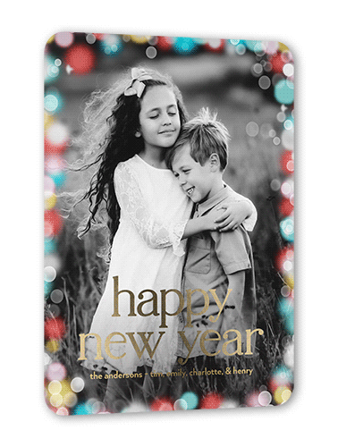 Confetti Bokeh Holiday Card, Red, Gold Foil, 5x7, New Year, Matte, Personalized Foil Cardstock, Rounded, Bright Coral