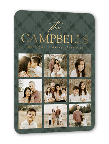 Plaid Picture Grid Holiday Card, Gold Foil, Green, 5x7, Christmas, Matte, Personalized Foil Cardstock, Rounded