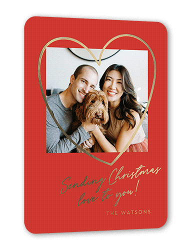 Foil Heart Frame Holiday Card, Red, Gold Foil, 5x7, Christmas, Matte, Personalized Foil Cardstock, Rounded