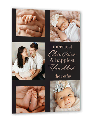 Definitive Photo Collage Holiday Card, Rose Gold Foil, Grey, 5x7, Hanukkah, Matte, Personalized Foil Cardstock, Square