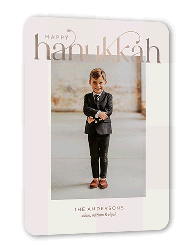 Luxurious Merry Holiday Card, Rose Gold Foil, Grey, 5x7, Hanukkah, Matte, Personalized Foil Cardstock, Rounded, Whisper Gray