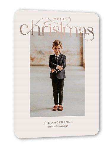 Luxurious Merry Holiday Card, Rose Gold Foil, Grey, 5x7, Christmas, Matte, Personalized Foil Cardstock, Rounded, Whisper Gray