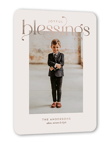 Luxurious Merry Holiday Card, Grey, Rose Gold Foil, 5x7, Religious, Matte, Personalized Foil Cardstock, Rounded, Whisper Gray