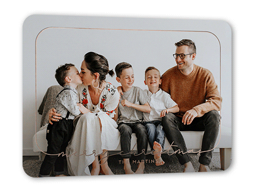 Writing Frame Holiday Card, Rose Gold Foil, White, 5x7, Christmas, Matte, Personalized Foil Cardstock, Rounded, White