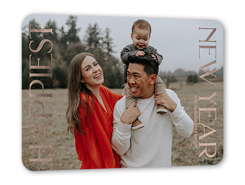 Simple Photo Holiday Card, White, Rose Gold Foil, 5x7, New Year, Matte, Personalized Foil Cardstock, Rounded