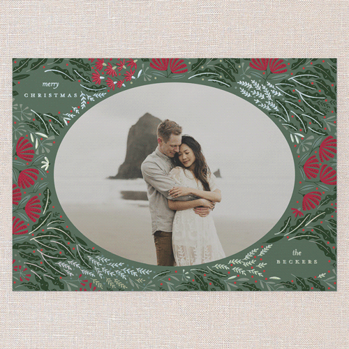 Camellia Adornment Holiday Digital Foil Card, Green, Iridescent Foil, 5x7, Christmas, Matte, Personalized Foil Cardstock, Square, Leafy