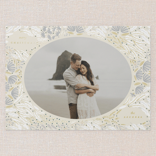 Camellia Adornment Holiday Digital Foil Card, Beige, Gold Foil, 5x7, Christmas, Matte, Personalized Foil Cardstock, Square, Apricot Mousse