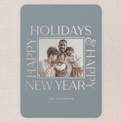 Twinkling Tidings Holiday Digital Foil Card, Rose Gold Foil, Blue, 5x7, Holiday, Matte, Personalized Foil Cardstock, Rounded, Feather