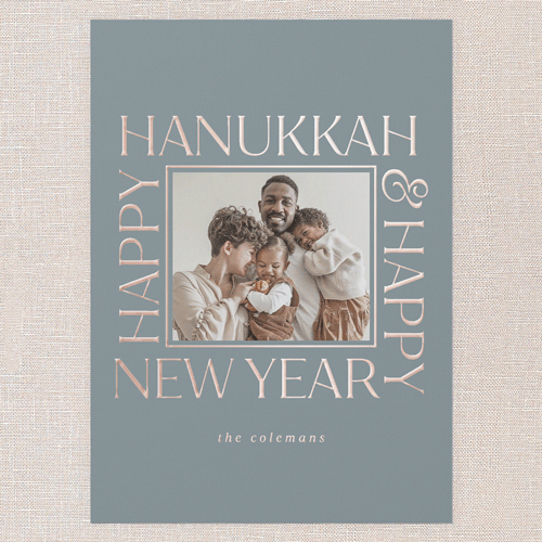 Twinkling Tidings Holiday Digital Foil Card, Rose Gold Foil, Blue, 5x7, Hanukkah, Matte, Personalized Foil Cardstock, Square, Feather