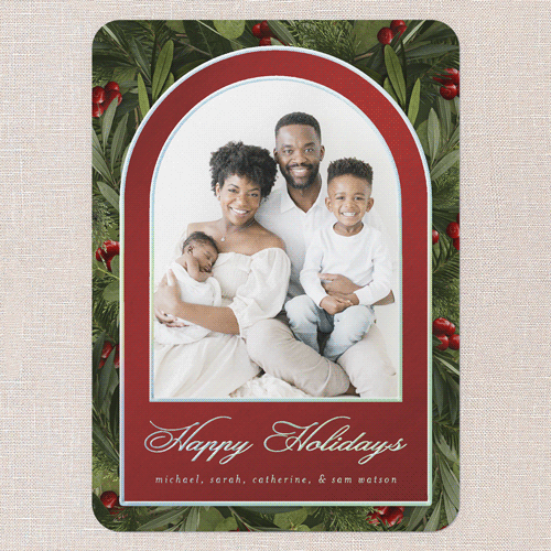 Arching Berries Holiday Card, Red, Iridescent Foil, 5x7, Holiday, Matte, Personalized Foil Cardstock, Rounded, Red