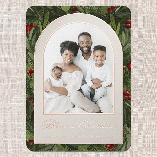 Arching Berries Holiday Card, Beige, Rose Gold Foil, 5x7, Religious, Matte, Personalized Foil Cardstock, Rounded, Cream