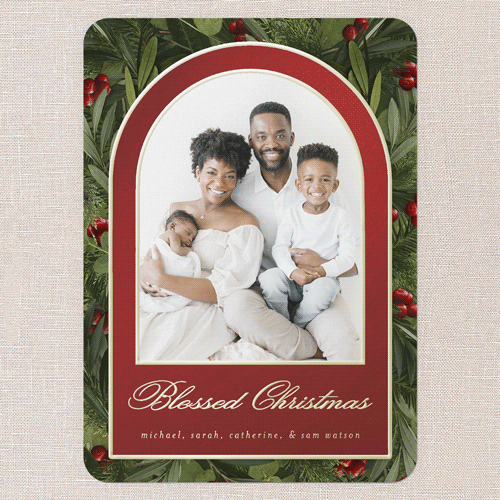 Arching Berries Holiday Card, Gold Foil, Red, 5x7, Religious, Matte, Personalized Foil Cardstock, Rounded, Red